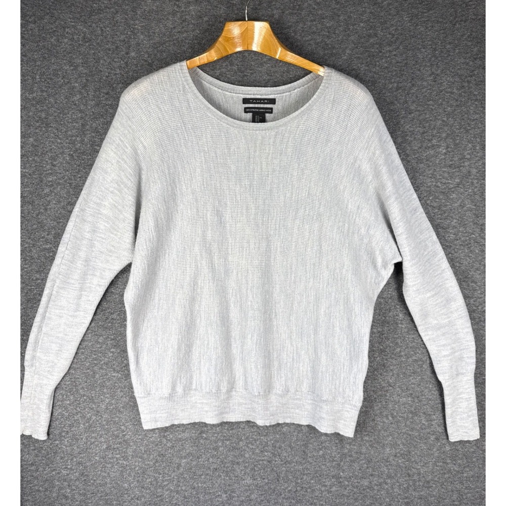 Tahari Sweater Womens XL Gray Luxury Extrafine Merino Wool Long Sleeve Crew Warm